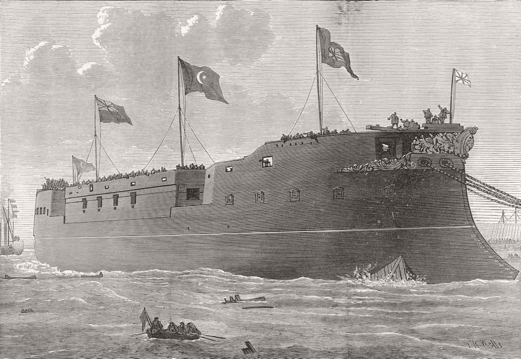 LONDON. Launch of the Turkish Iron-clad frigate Mes Oudiyeh at Blackwall 1874